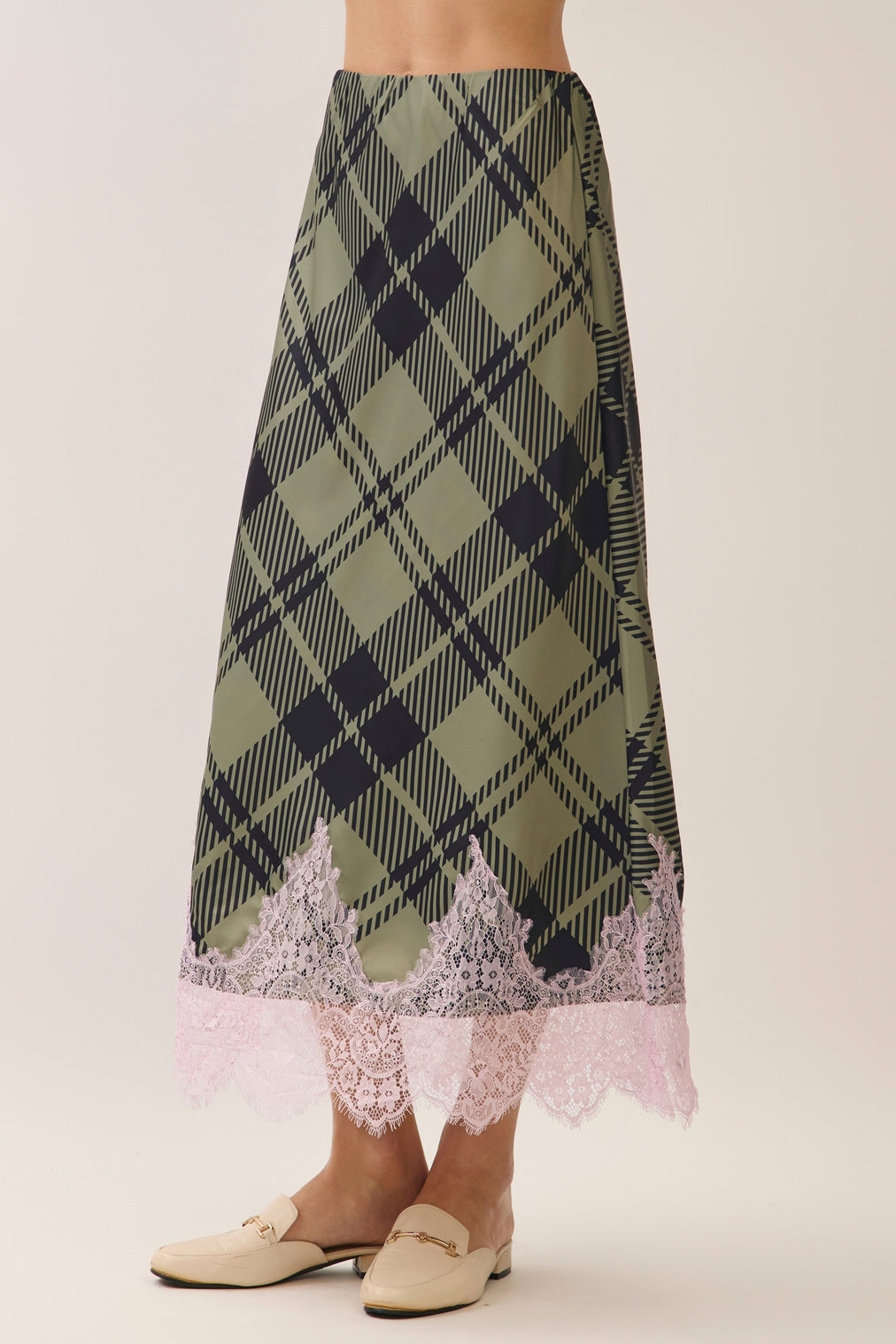 Plaid Lace Trim Detail Midi Skirt