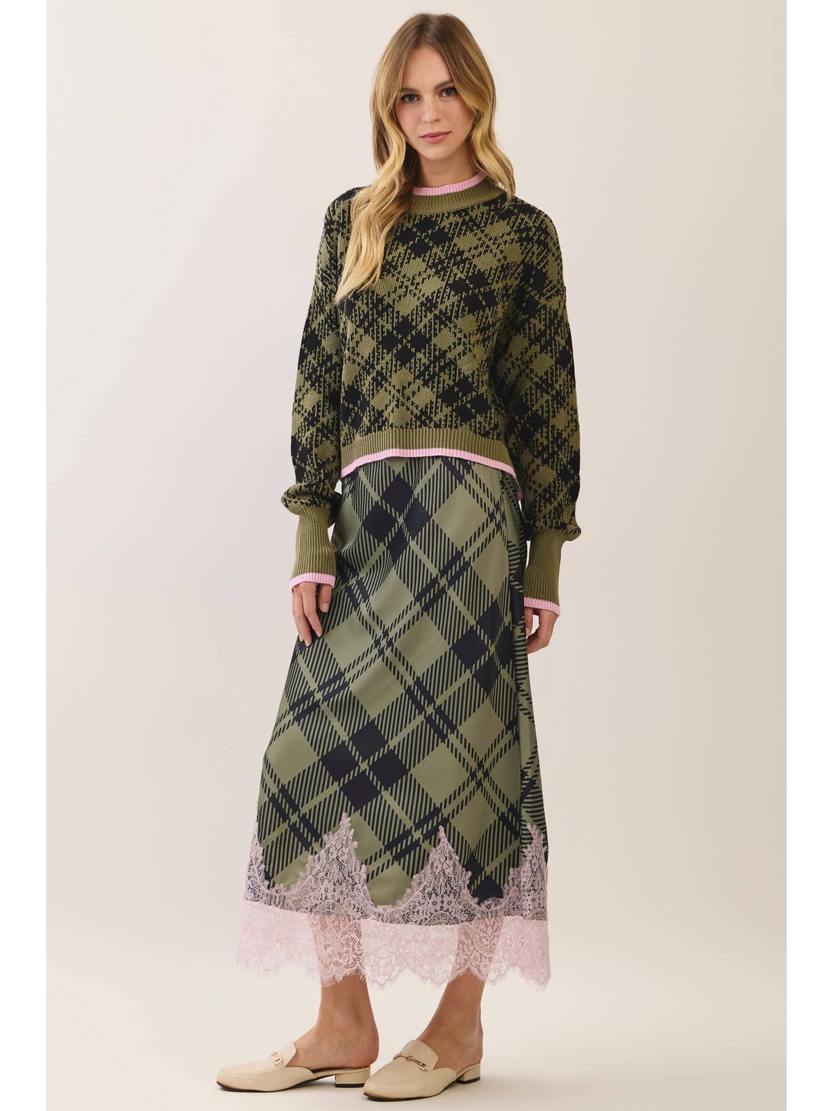 Plaid Lace Trim Detail Midi Skirt