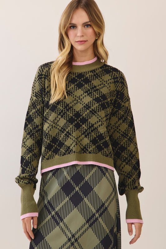 Plaid Contrast Trim Knit Sweater