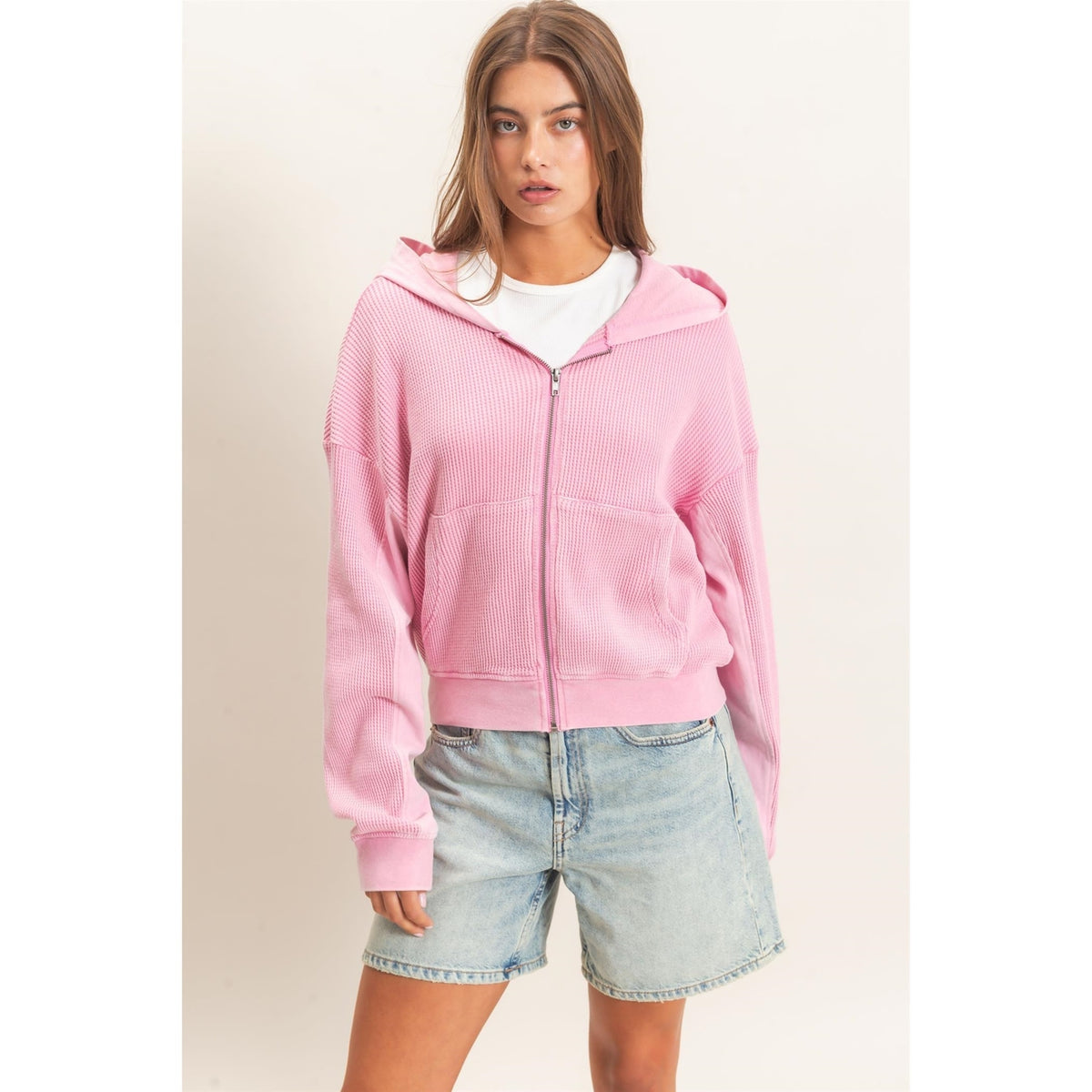 Pink Acid Wash Waffle Knit Zip-Up Hoodie