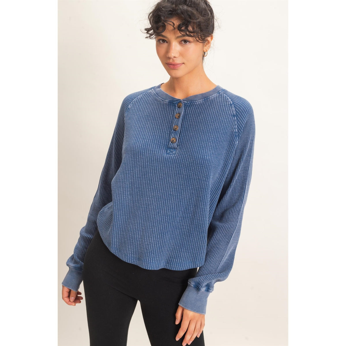 Navy Mineral Wash Waffle Knit Henley Top