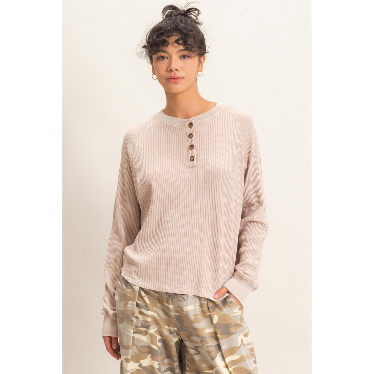 Taupe Mineral Wash Waffle Knit Henley Top