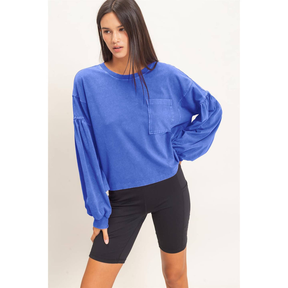 Cobalt Mineral Wash Puff Long Sleeve Boxy Top