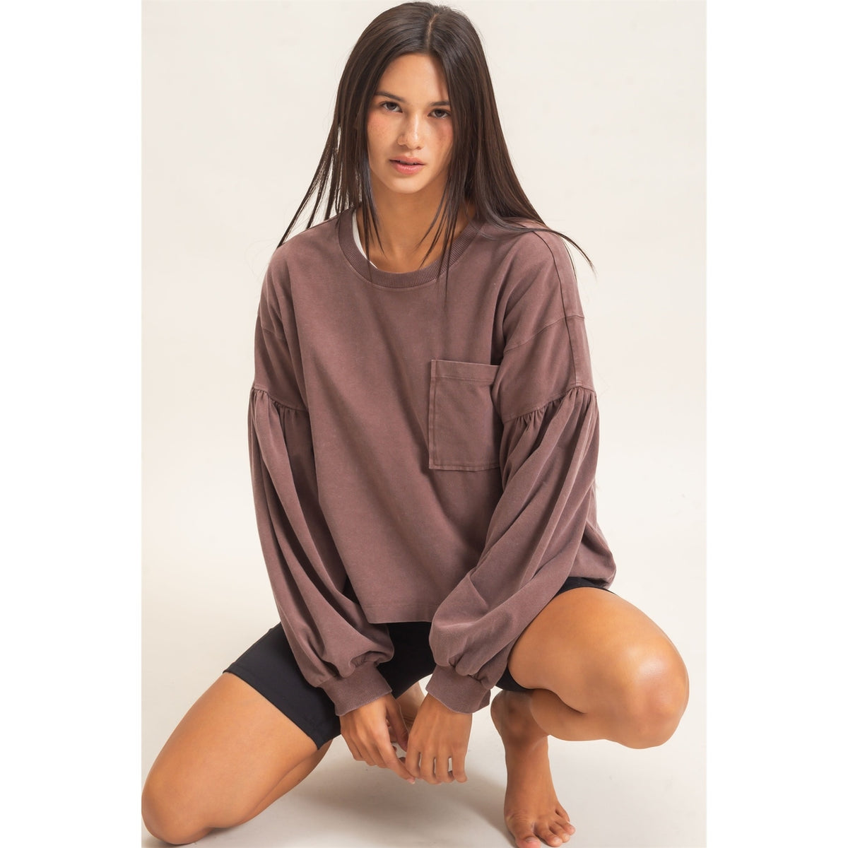 Brown  Mineral Wash Puff Long Sleeve Boxy Top