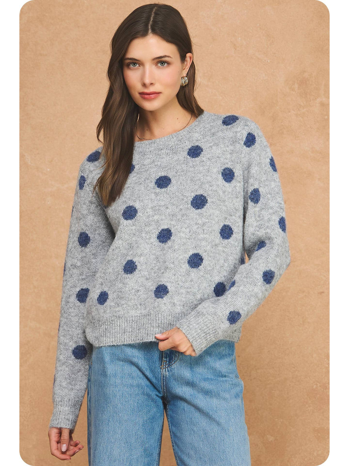 Gray/Navy Polka Pot Brushed Knit Sweater