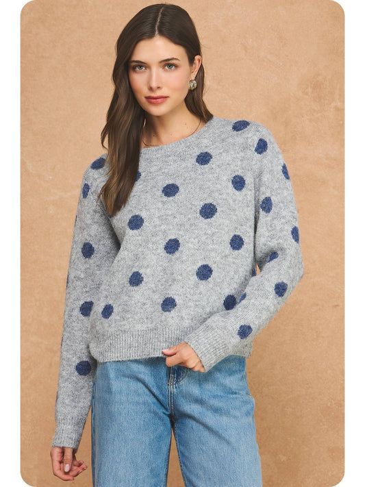 Gray/Navy Polka Pot Brushed Knit Sweater