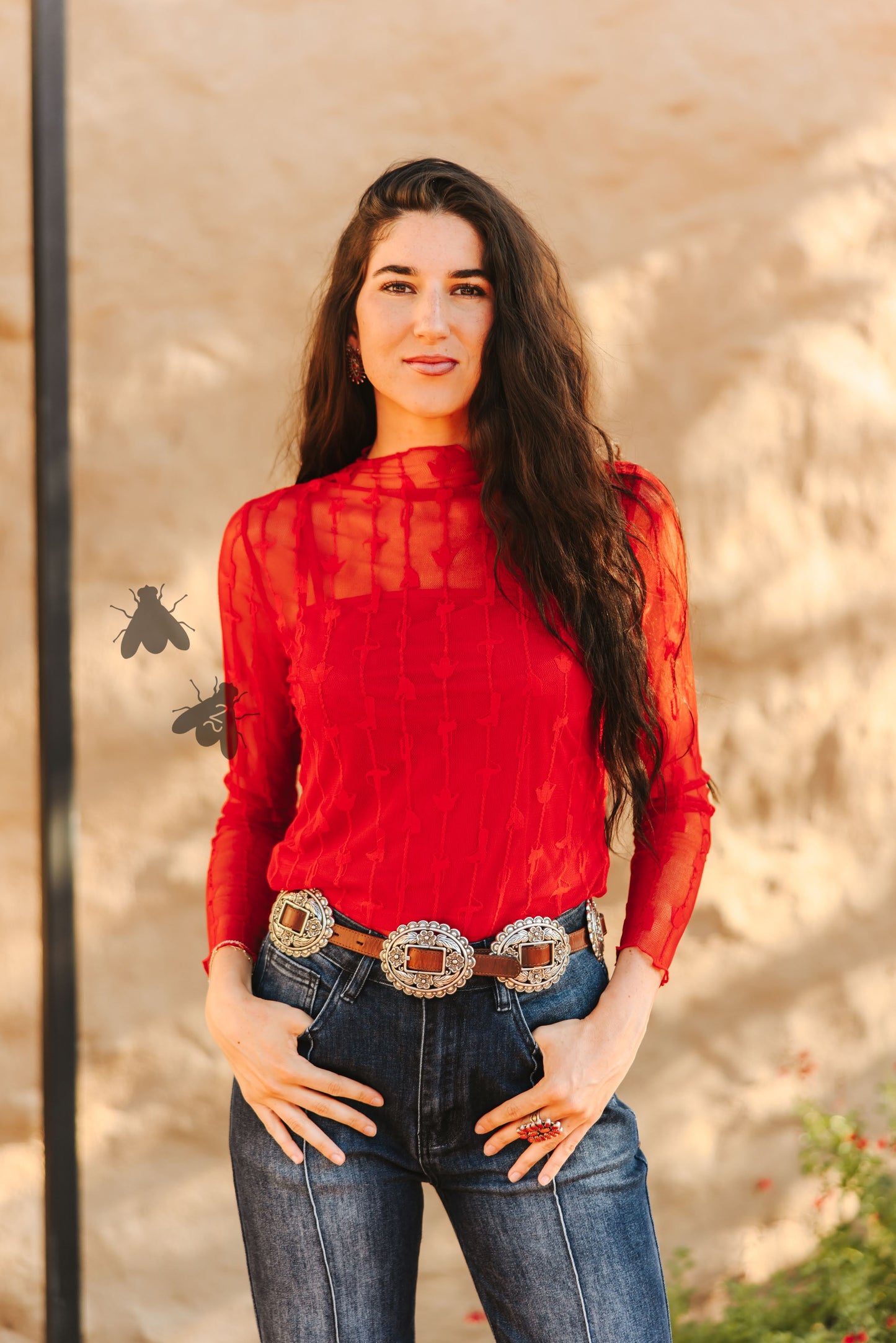 Lariat Long Sleeve Lace Top in Red