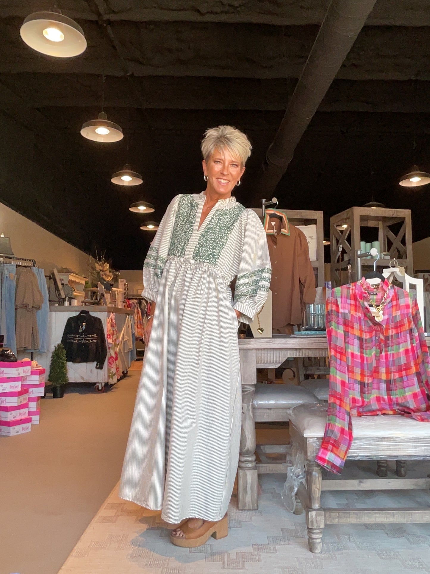 Cream Long Dress With Green Embroidery