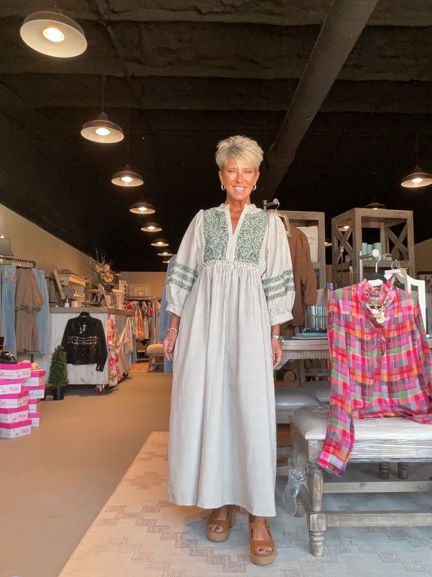 Cream Long Dress With Green Embroidery