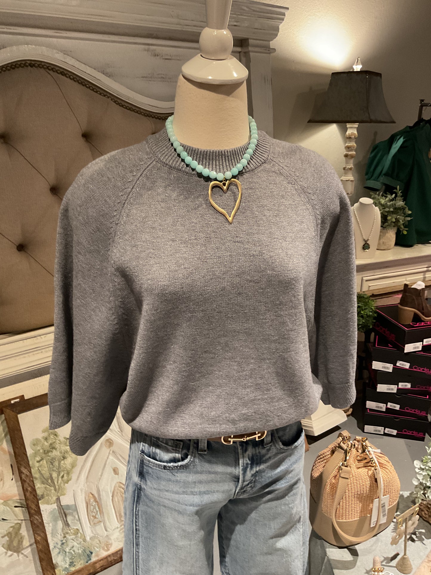 Grey Wide Reglan Short Sleeve Crew Neck Sweater