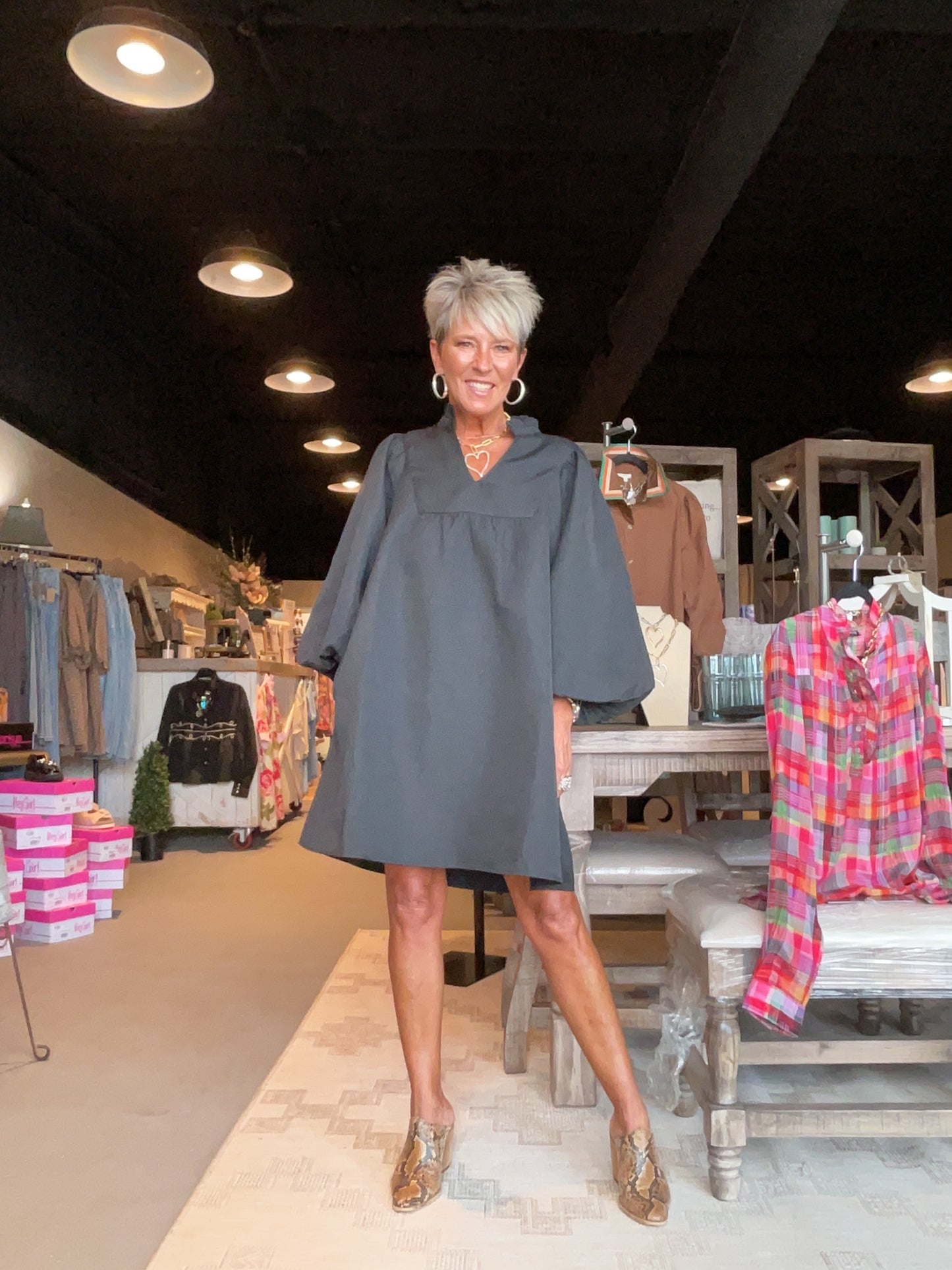 Black Solid Textured Balloon Sleeve Babydoll Dress