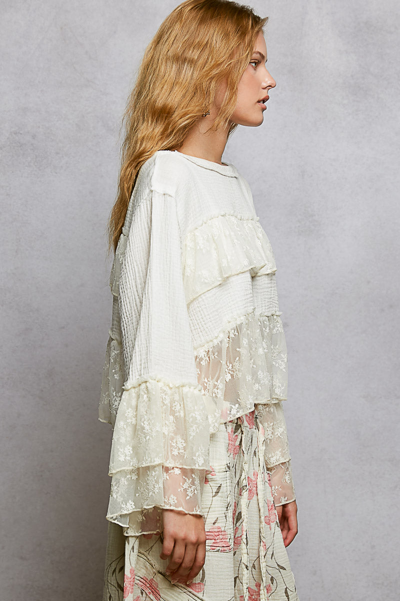Off White Round Neck Gauze Lace Ruffle Top