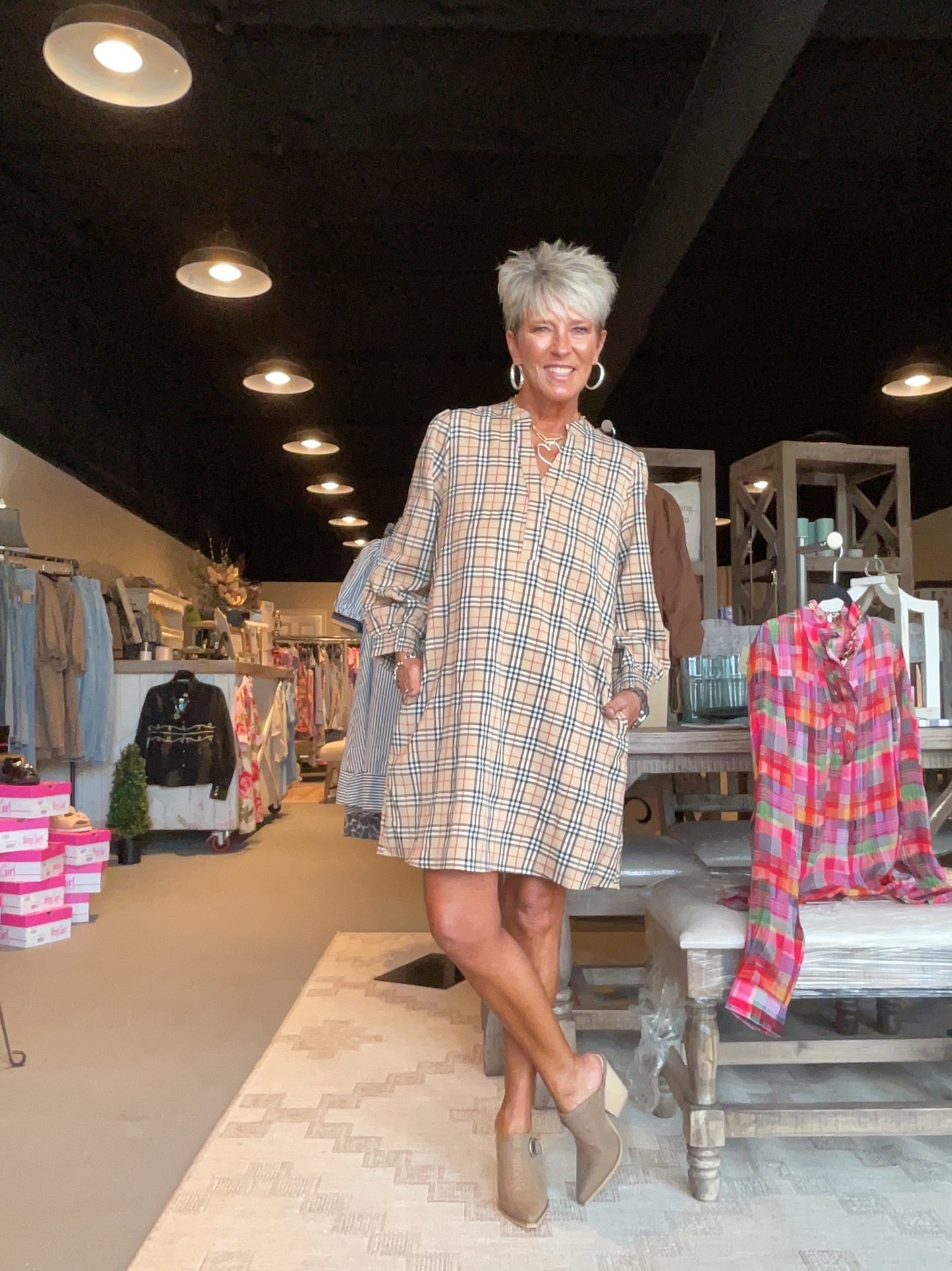 Classic Checker Dress with 3/4 Puff Sleeves and side pockets