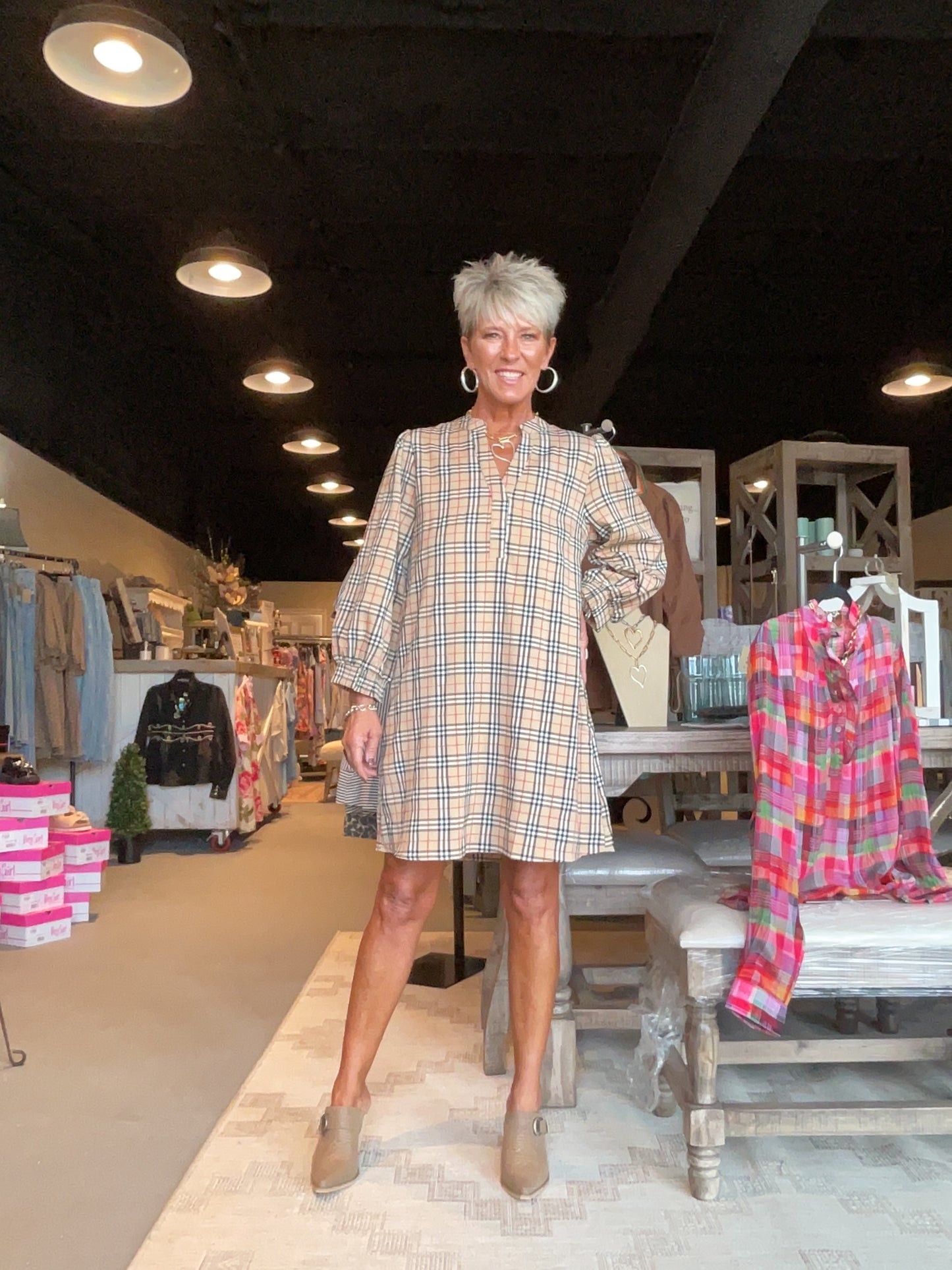 Classic Checker Dress with 3/4 Puff Sleeves and side pockets
