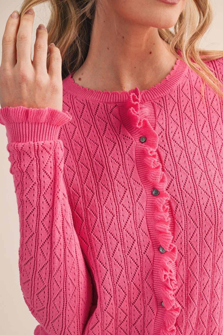 Bubble Gum Ruffled Edge Pointelle Knit Sweater Cardigan