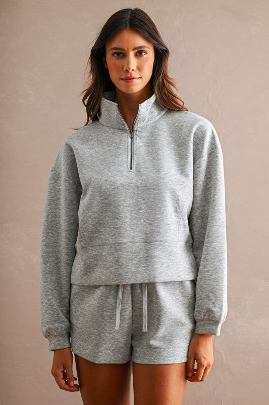 Heather Grey Mock Half Zip Top & Shorts Set