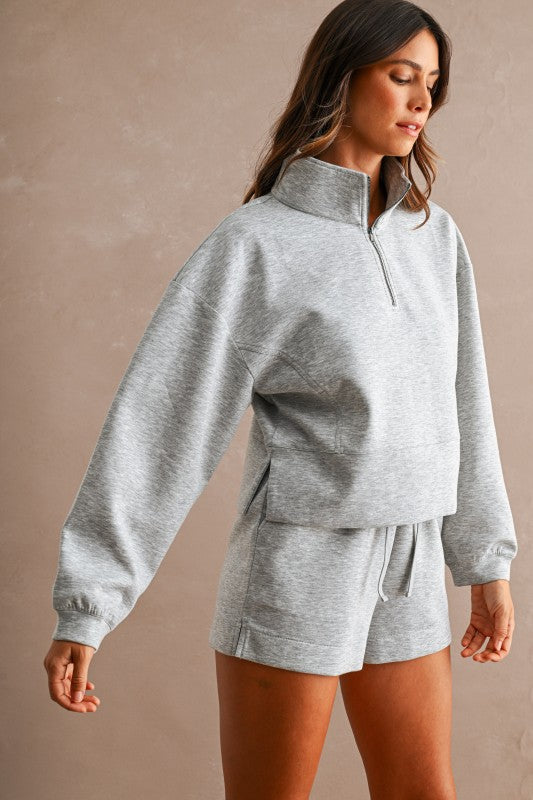 Heather Grey Mock Half Zip Top & Shorts Set