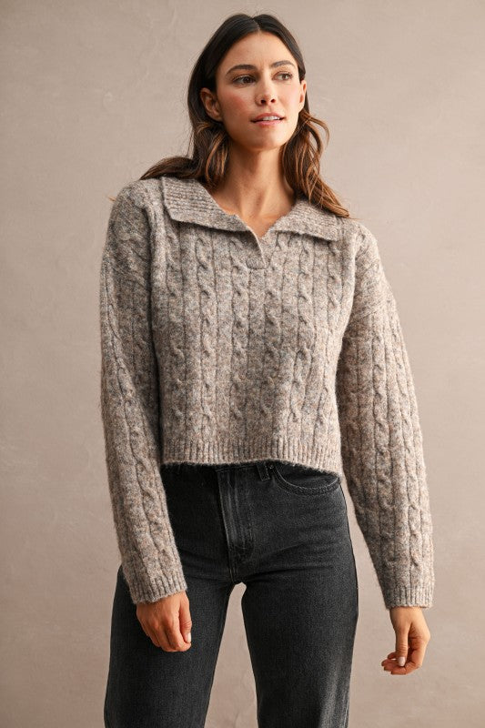 Mocha Collared Cable Knit Cropped Sweater