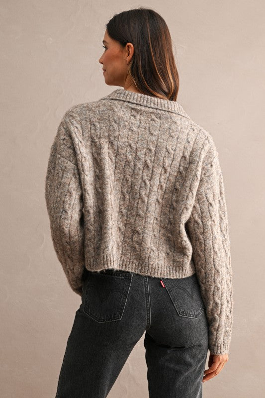Mocha Collared Cable Knit Cropped Sweater