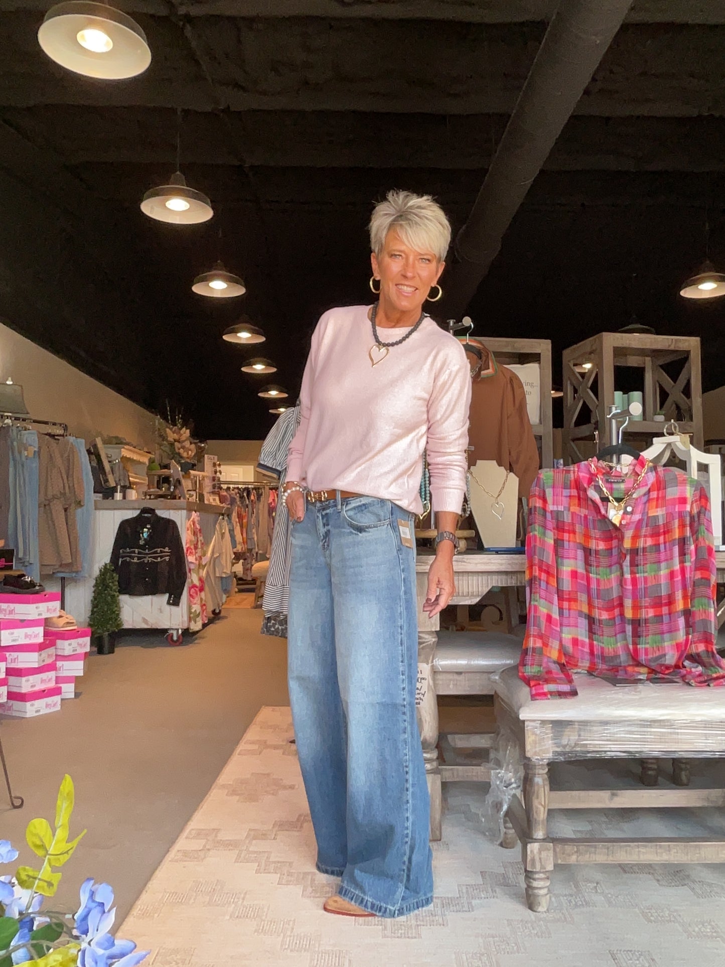 Brushed Waffle Crewneck Top in Pink Frost