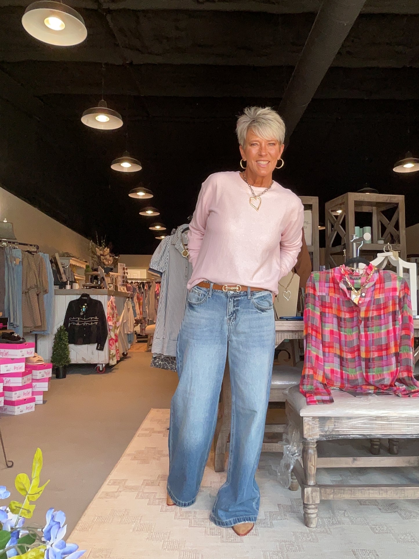 Brushed Waffle Crewneck Top in Pink Frost