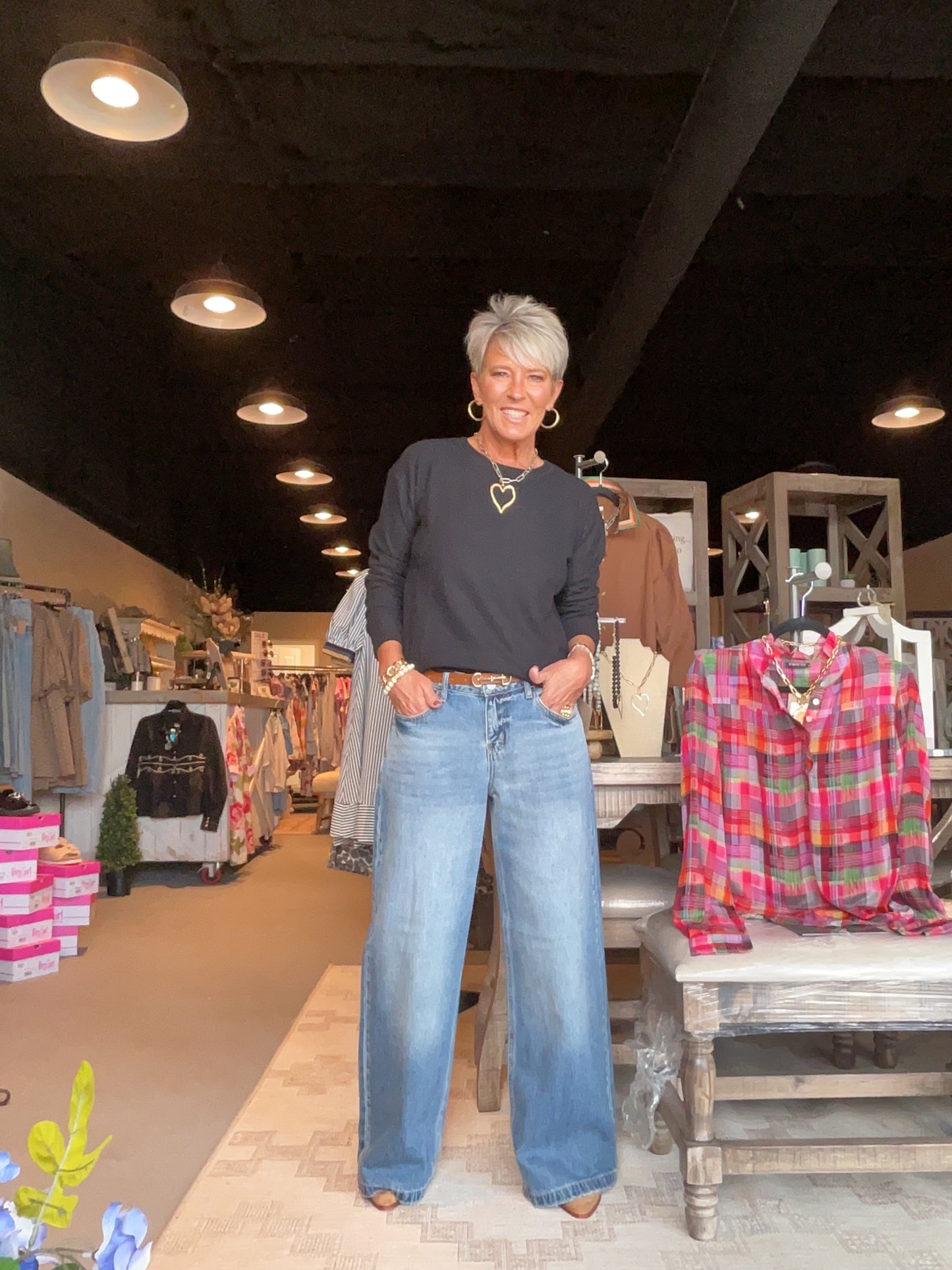 Brushed Waffle Crewneck Top in Black