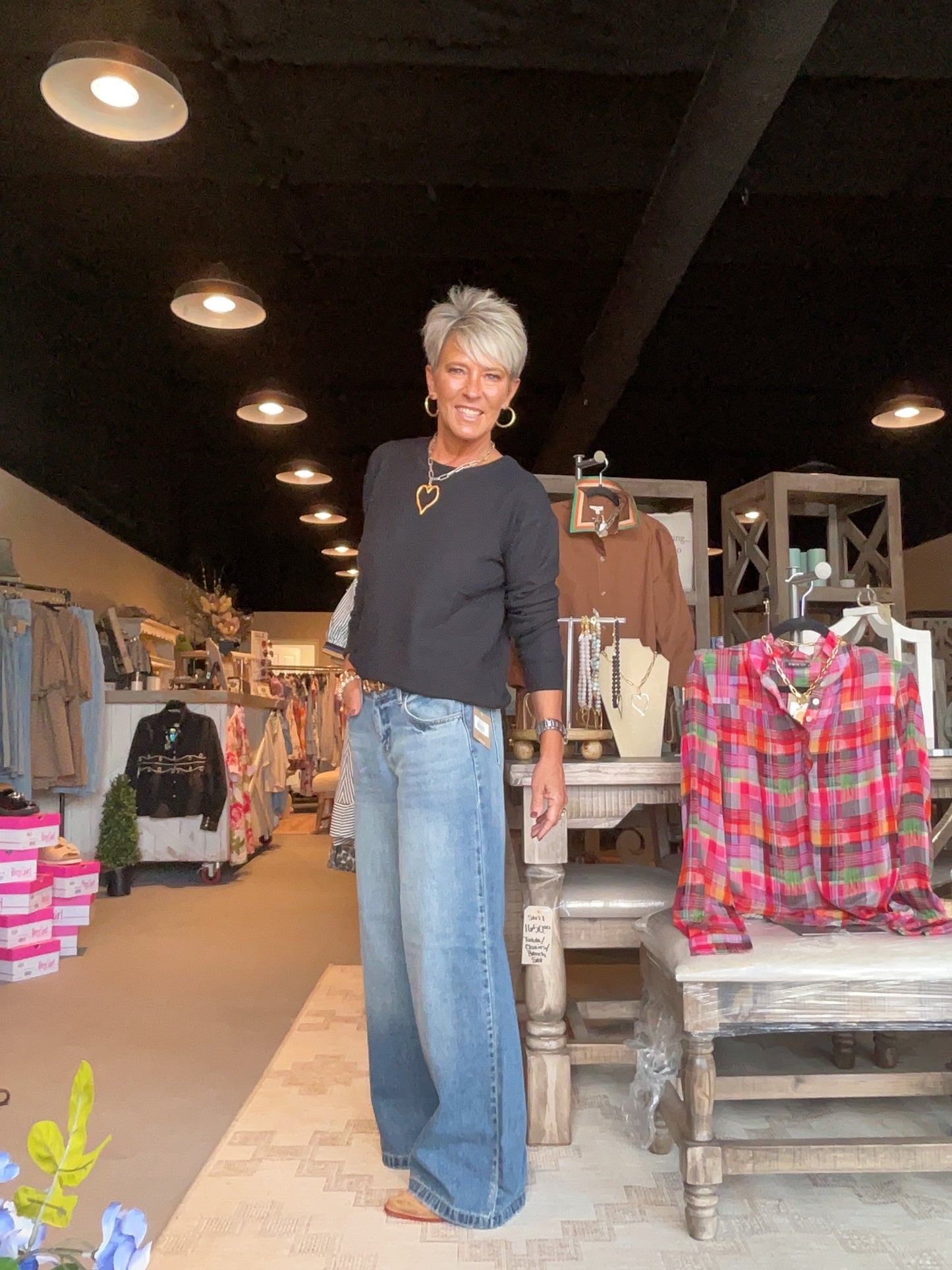 Brushed Waffle Crewneck Top in Black