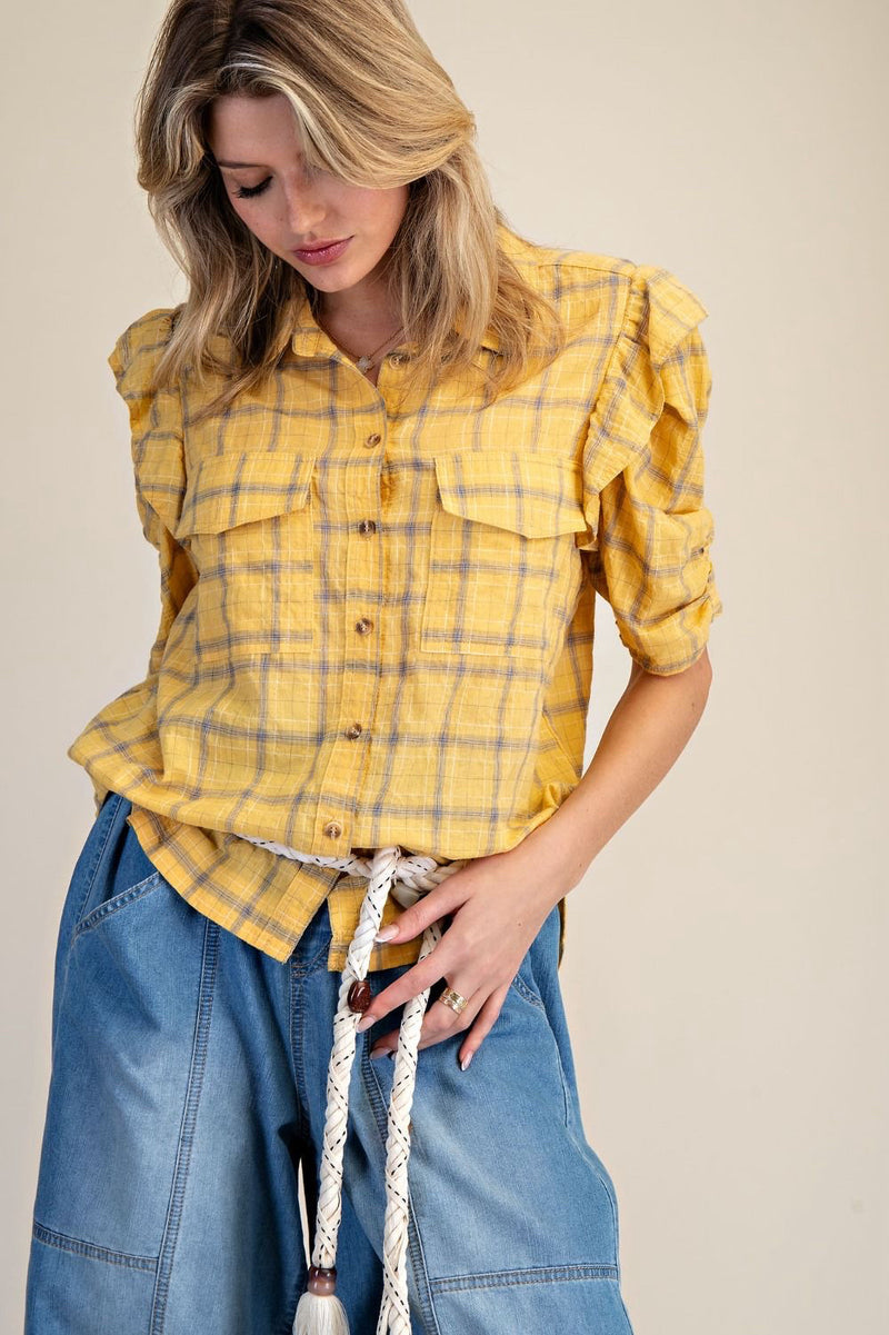 Yellow Short Sleeve Ruffle Detail Button Up Shirt