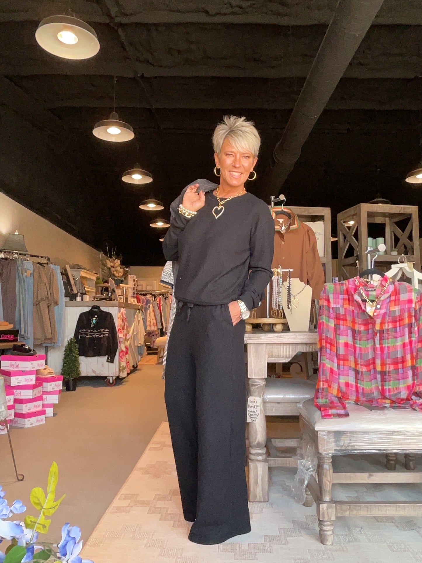 Brushed Waffle Wide Leg Sweatpants in Black