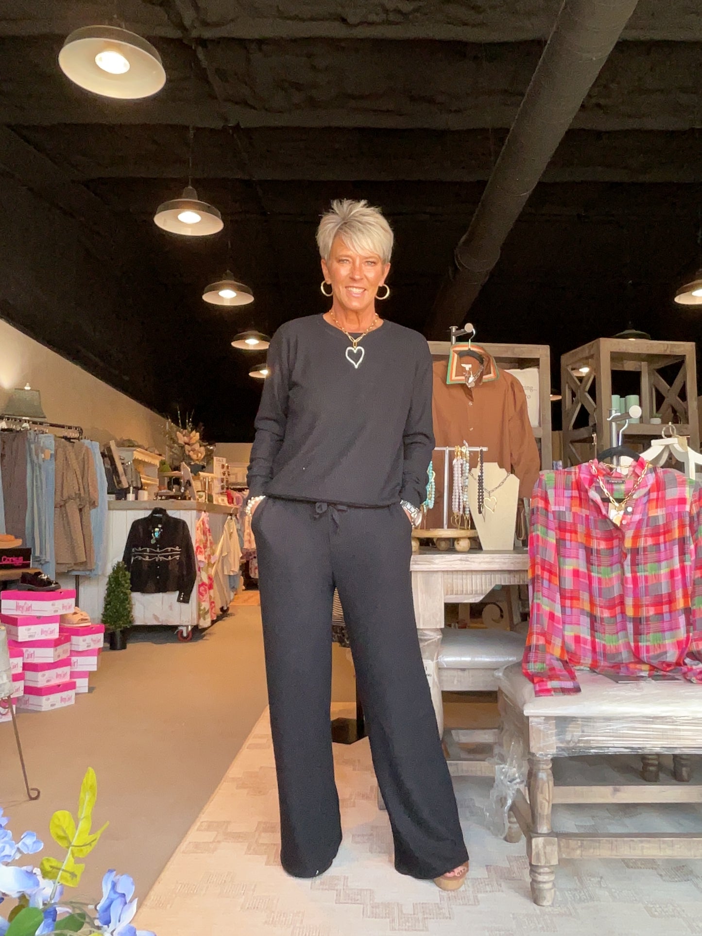 Brushed Waffle Wide Leg Sweatpants in Black