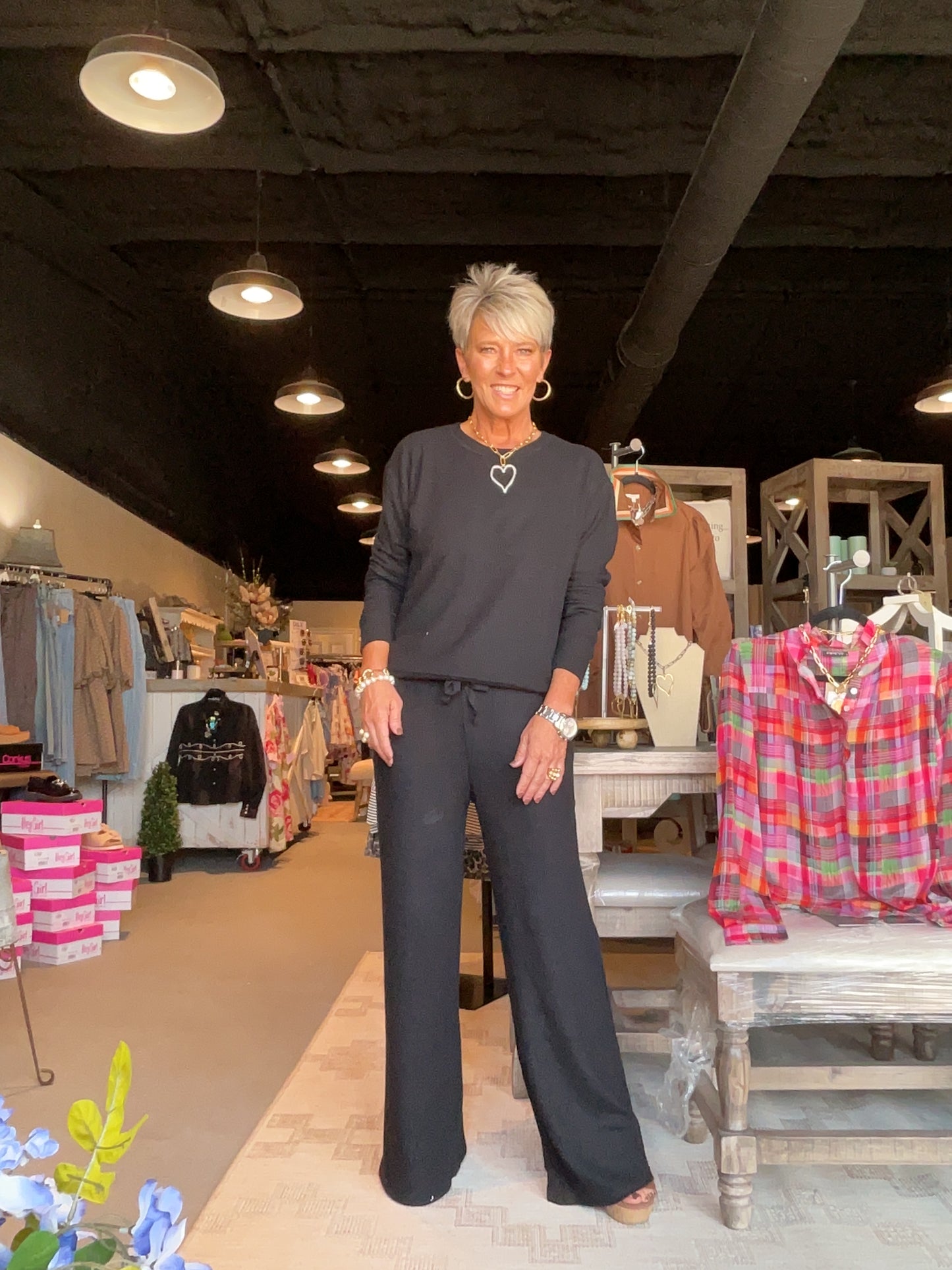 Brushed Waffle Wide Leg Sweatpants in Black