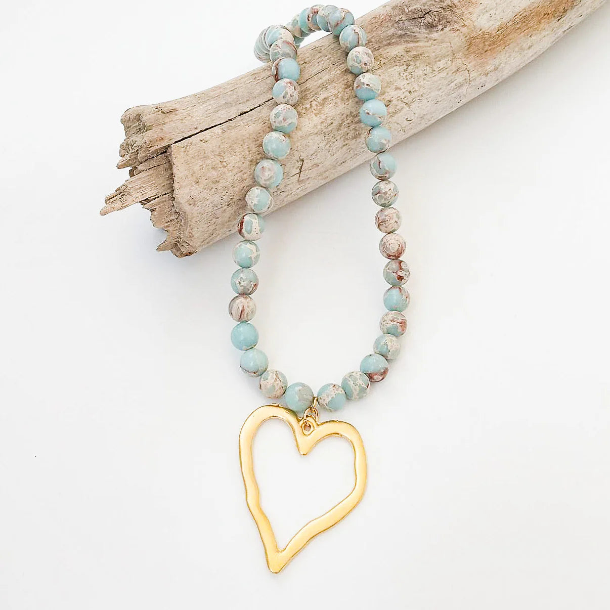Blue Marble Gemstone Necklace with XL Gold Heart