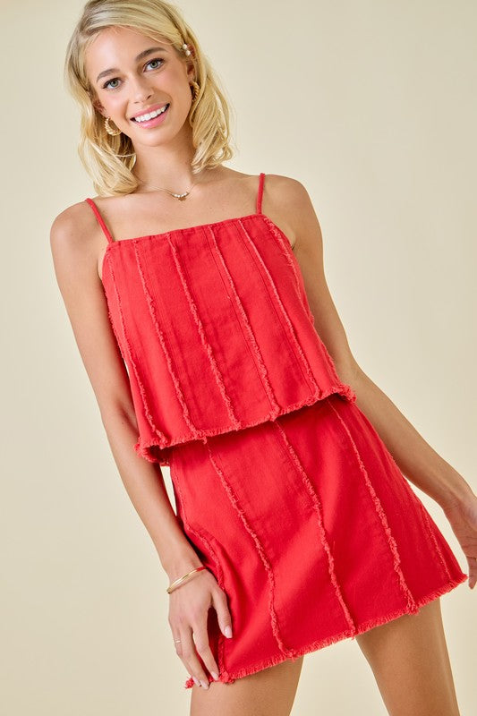 Red Denim Cami Top with Exposed Raw Edge Seams