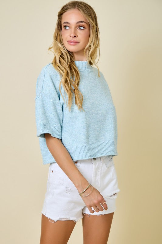 Blue Mock Neck Dropped Shoulder Sweater