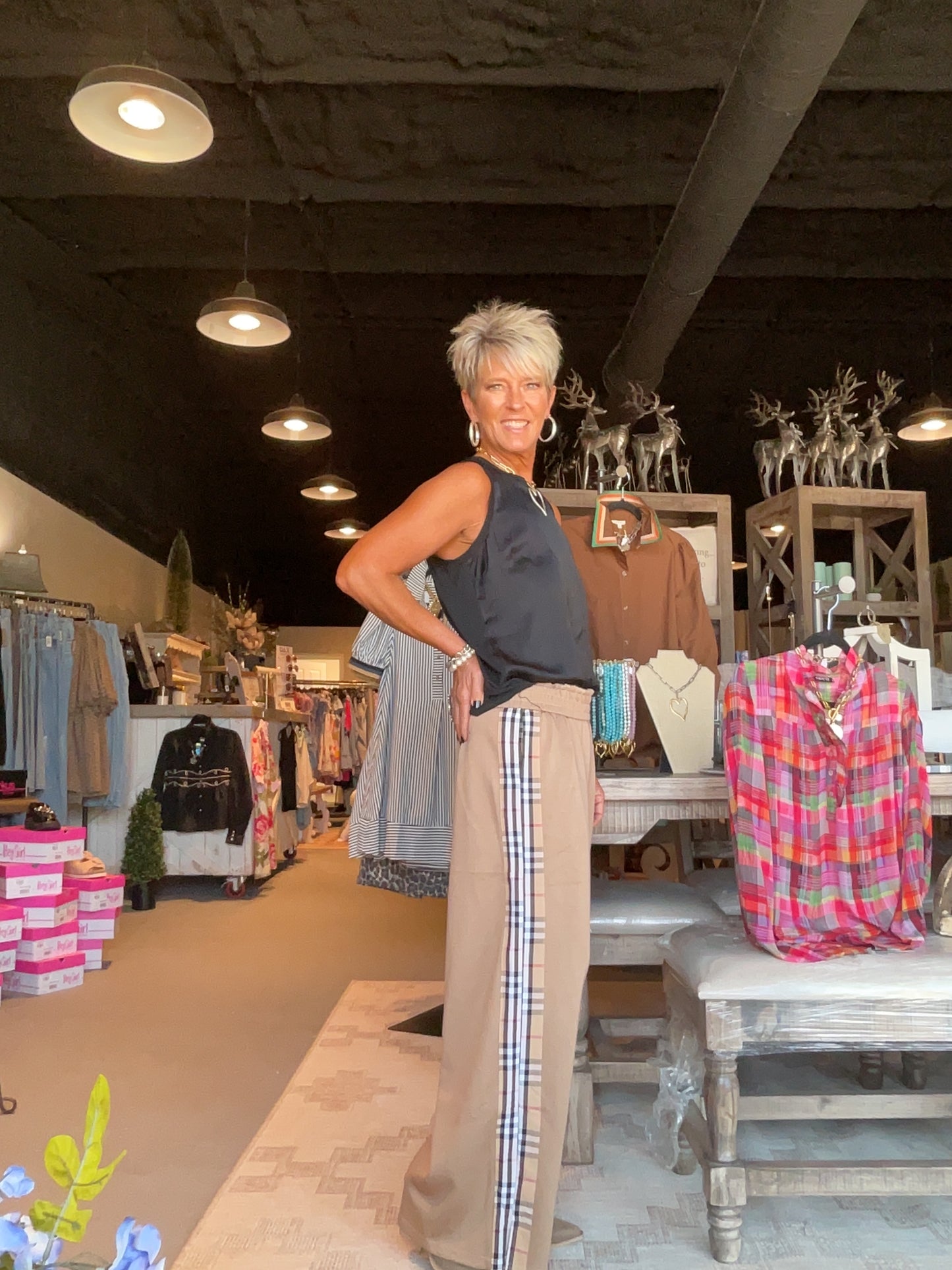 Taupe Pants with Plaid Stripe