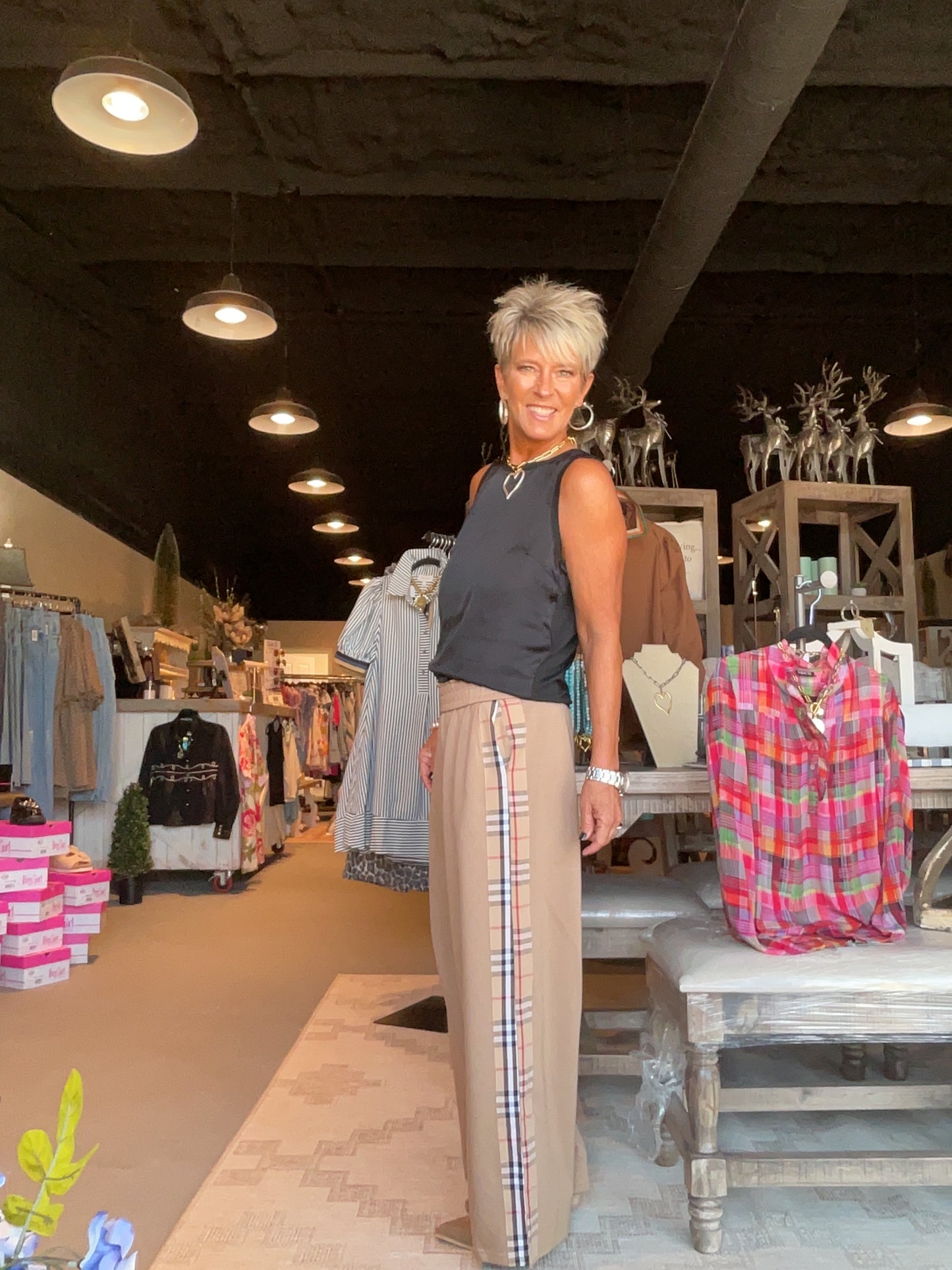 Taupe Pants with Plaid Stripe