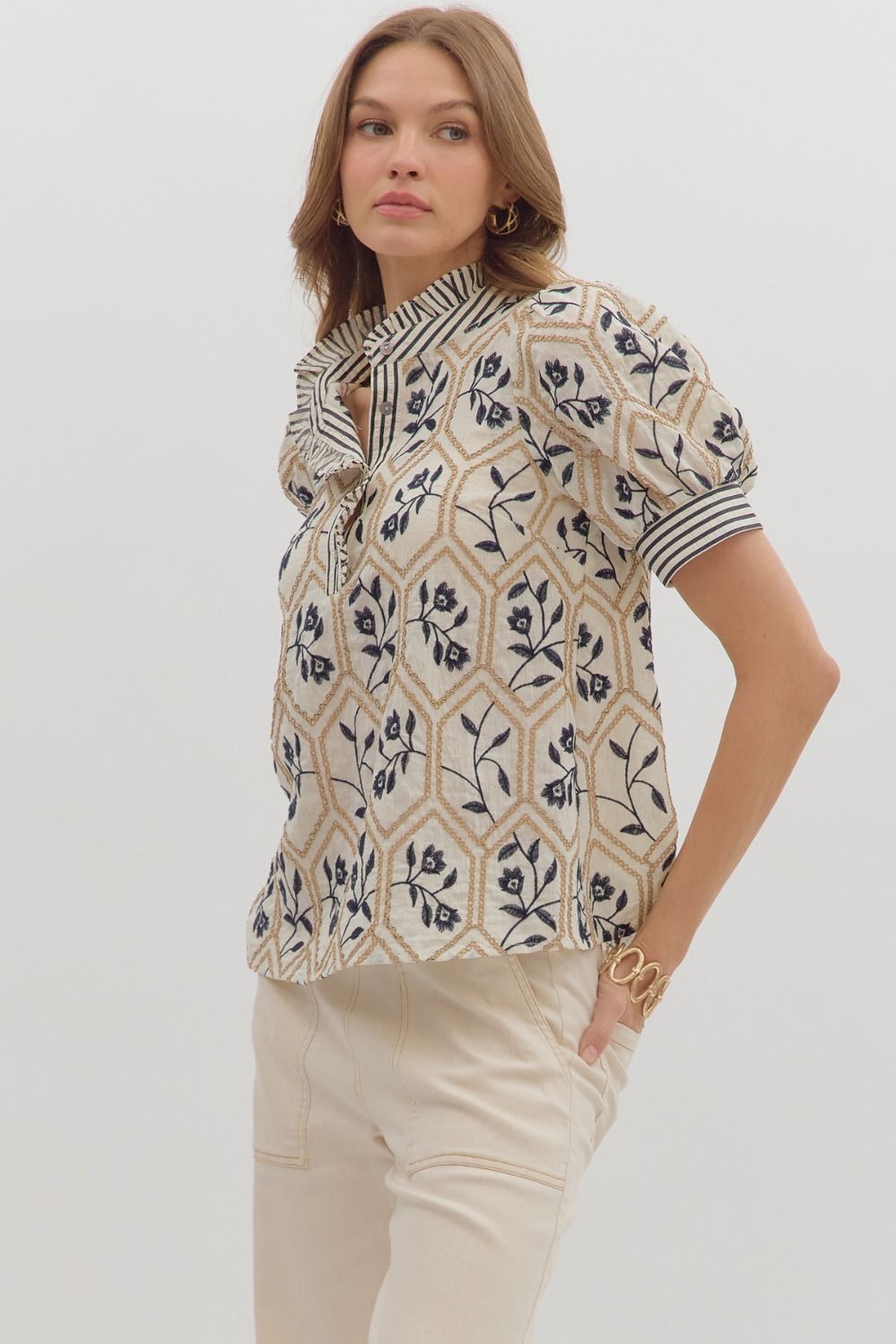 Cream Top with Navy Embroidered Floral Pattern