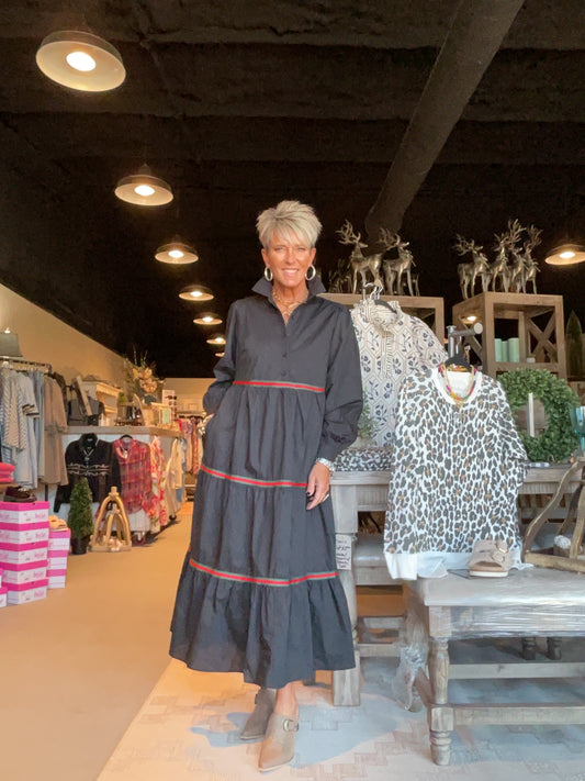 Black Long Dress with Red and Green Stripes