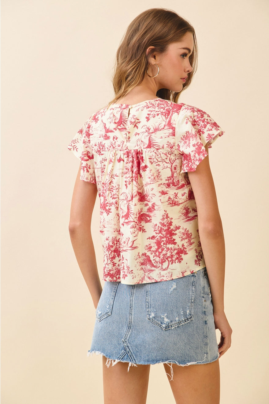 Toile Print Gathered Front Yoke Round Neck Top