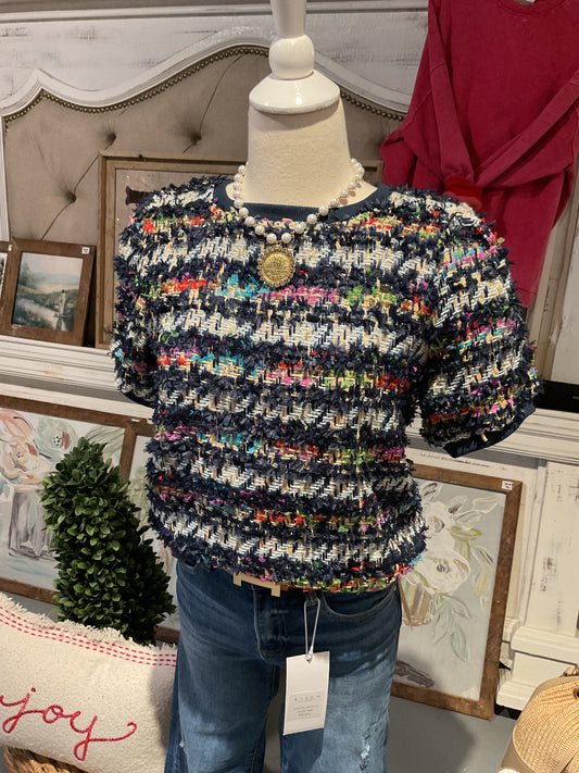 Navy Multi Lurex Tweed Rib Contrast Top