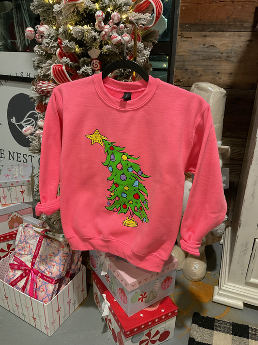 Youth Grinch Tree Neon Pink Sweatshirt