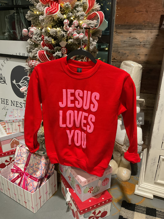 Youth Size Puff Letter Jesus Loves You Sweatshirt