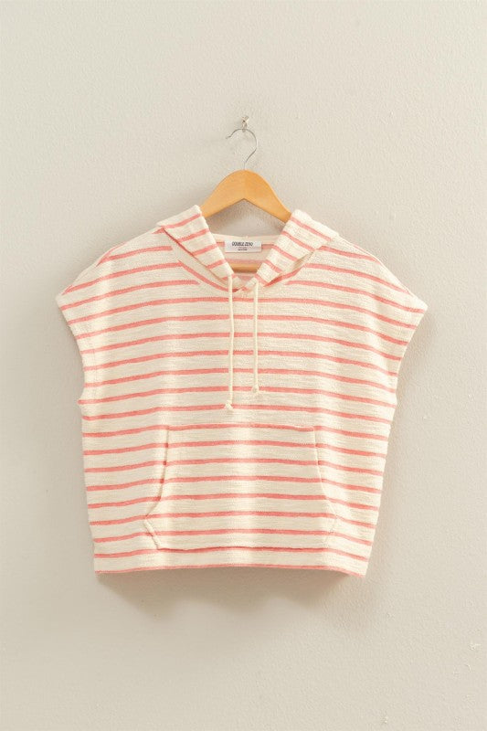 Red Striped Hooded Top with Pocket