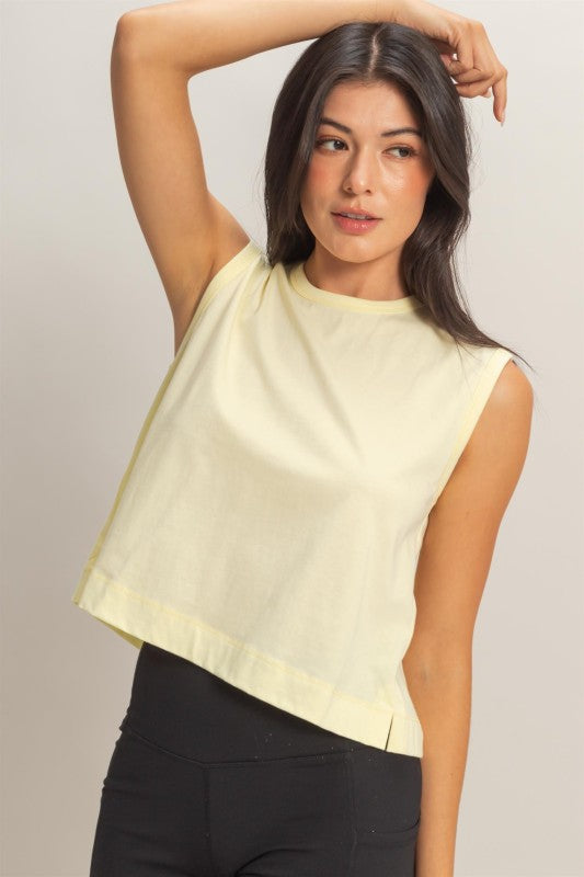 Sleeveless Top with Back Pleats in Pale Yellow