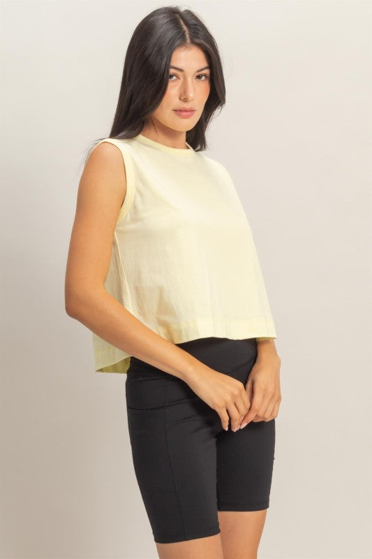 Sleeveless Top with Back Pleats in Pale Yellow