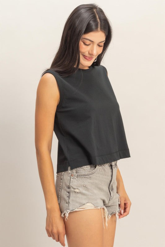 Sleeveless Top with Back Pleats in Black