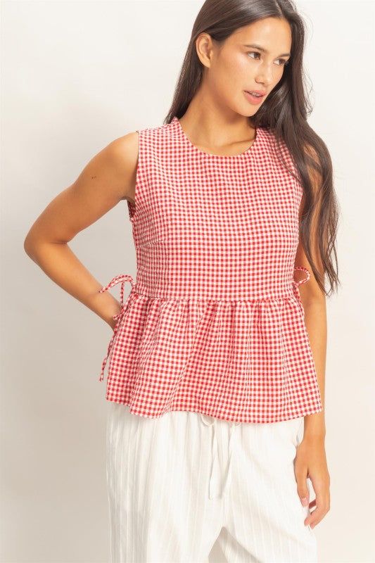 Gingham Peplum Top with Side Ties in Red