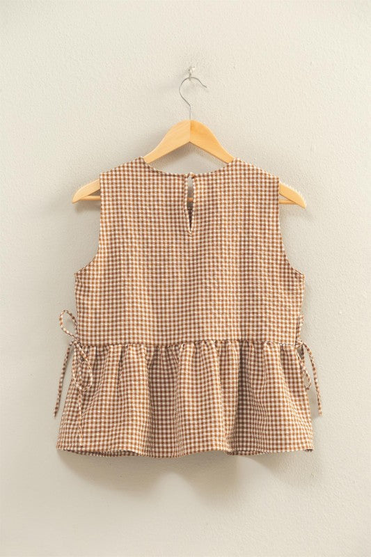 Gingham Peplum Top with Side Ties in Brown