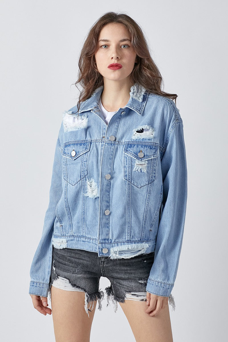 Lightweight Oversized Distressed Denim Jacket