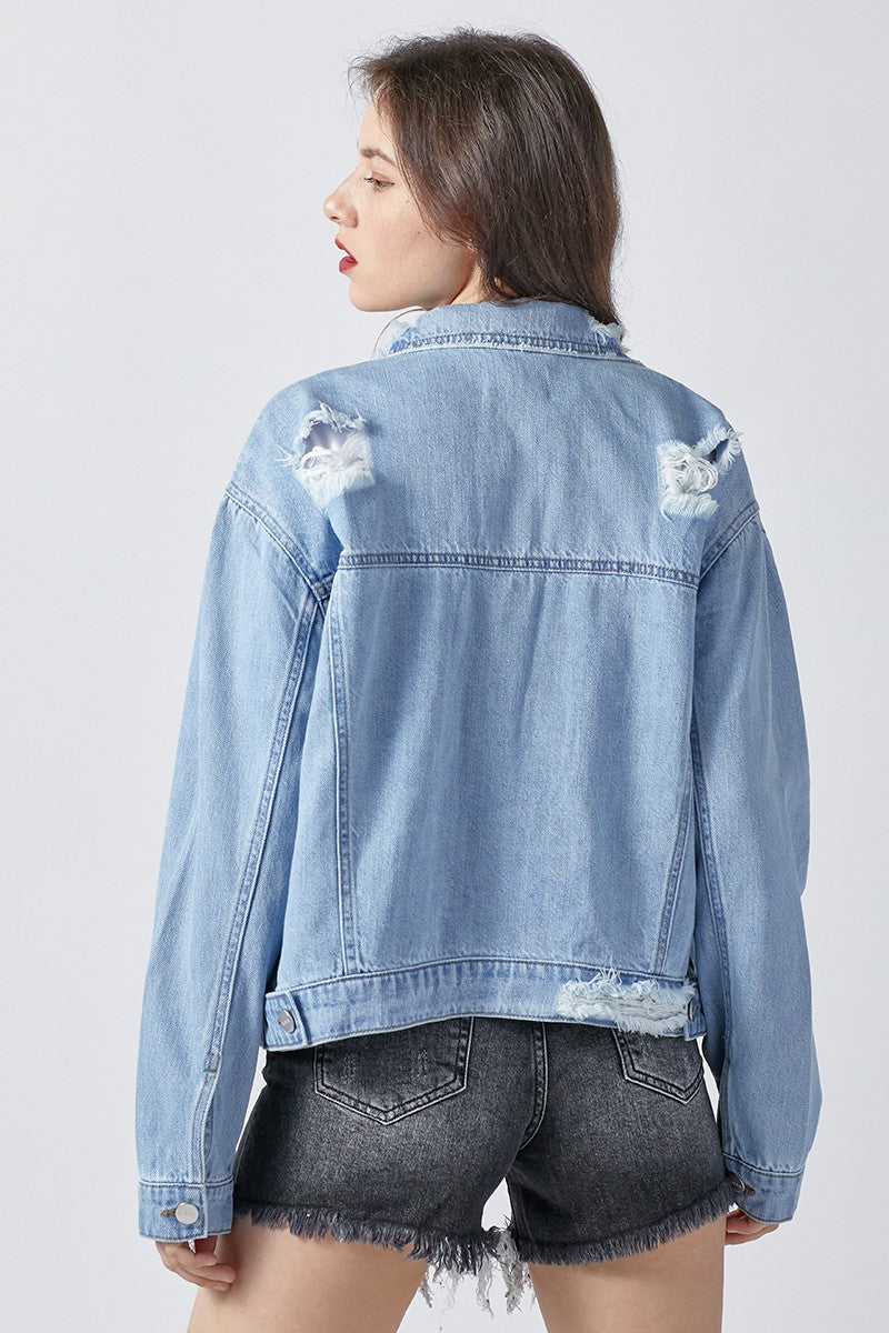 Lightweight Oversized Distressed Denim Jacket